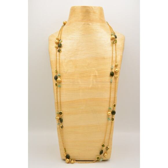 Premier Designs Vintage Station Necklace Green Bezel Brushed Gold Signed Bin2 - Picture 1 of 12